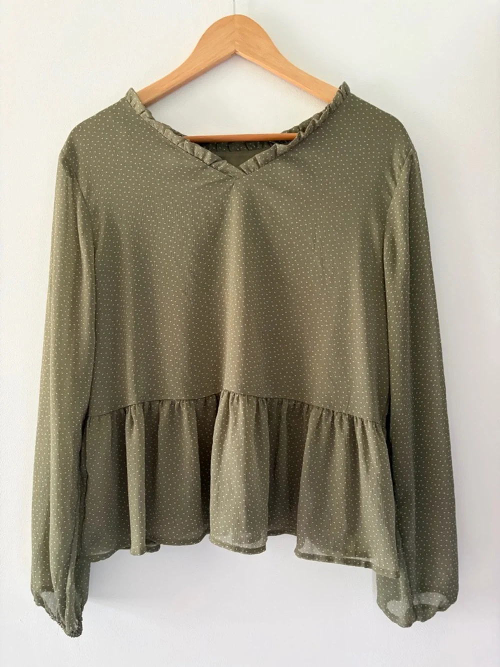 Ann Taylor LOFT Olive Green Ruffled Peplum Long Sleeve Polka Dot Blouse Dot